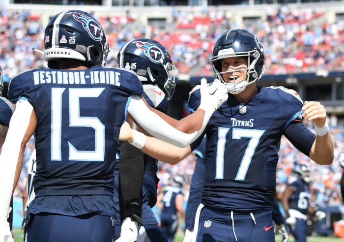 Tennessee Titans wide receiver Nick Westbrook-Ikhine (15) celebrates with quarterback Ryan Tannehill (17) after a touchdown during the first half against the Cincinnati Bengals at Nissan Stadium.